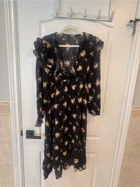 Maje Black Midi Dress with Yellow Floral Print